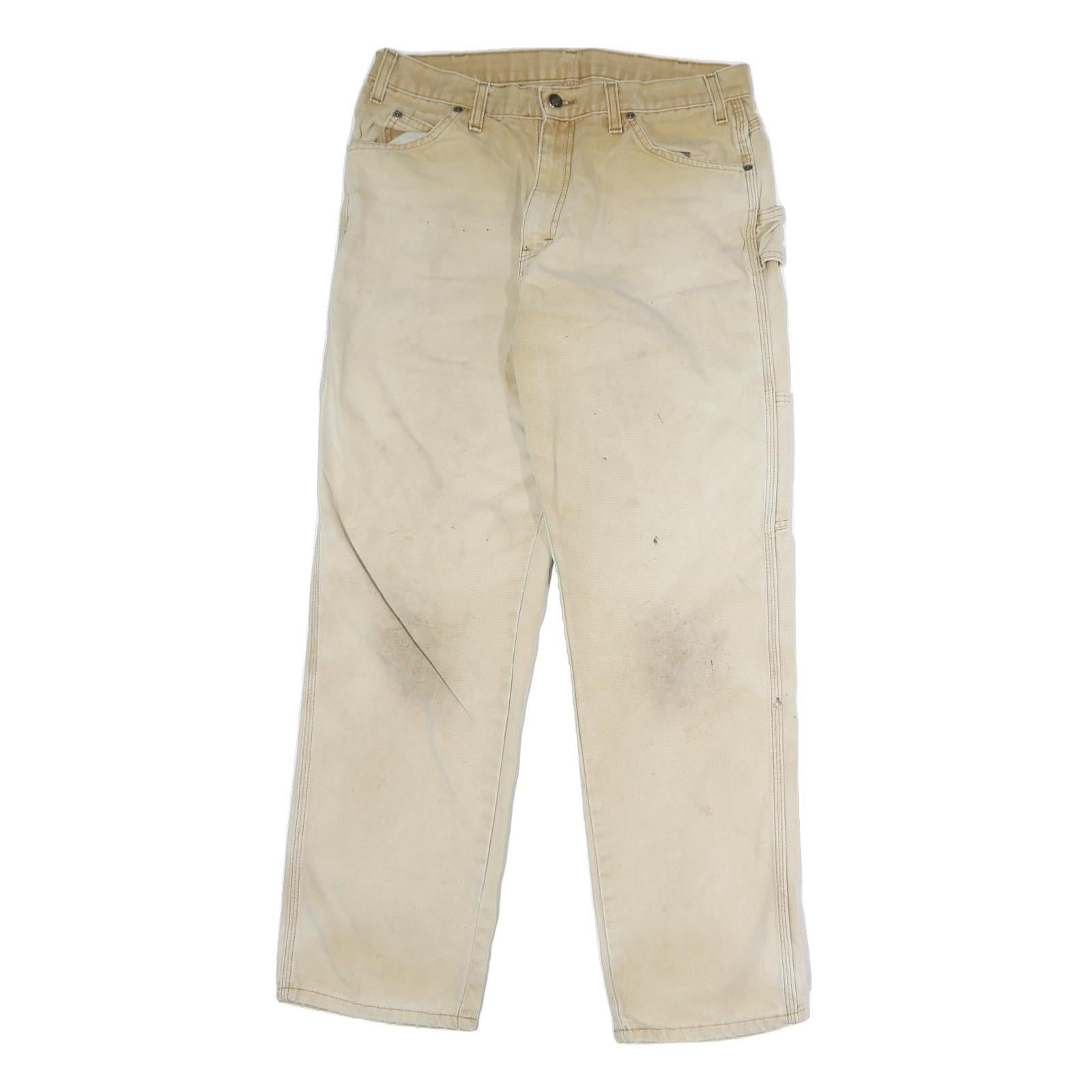 DICKIES Mens Cotton Beige Regular Straight Trousers W28 L30 Workwear Utility Zip
