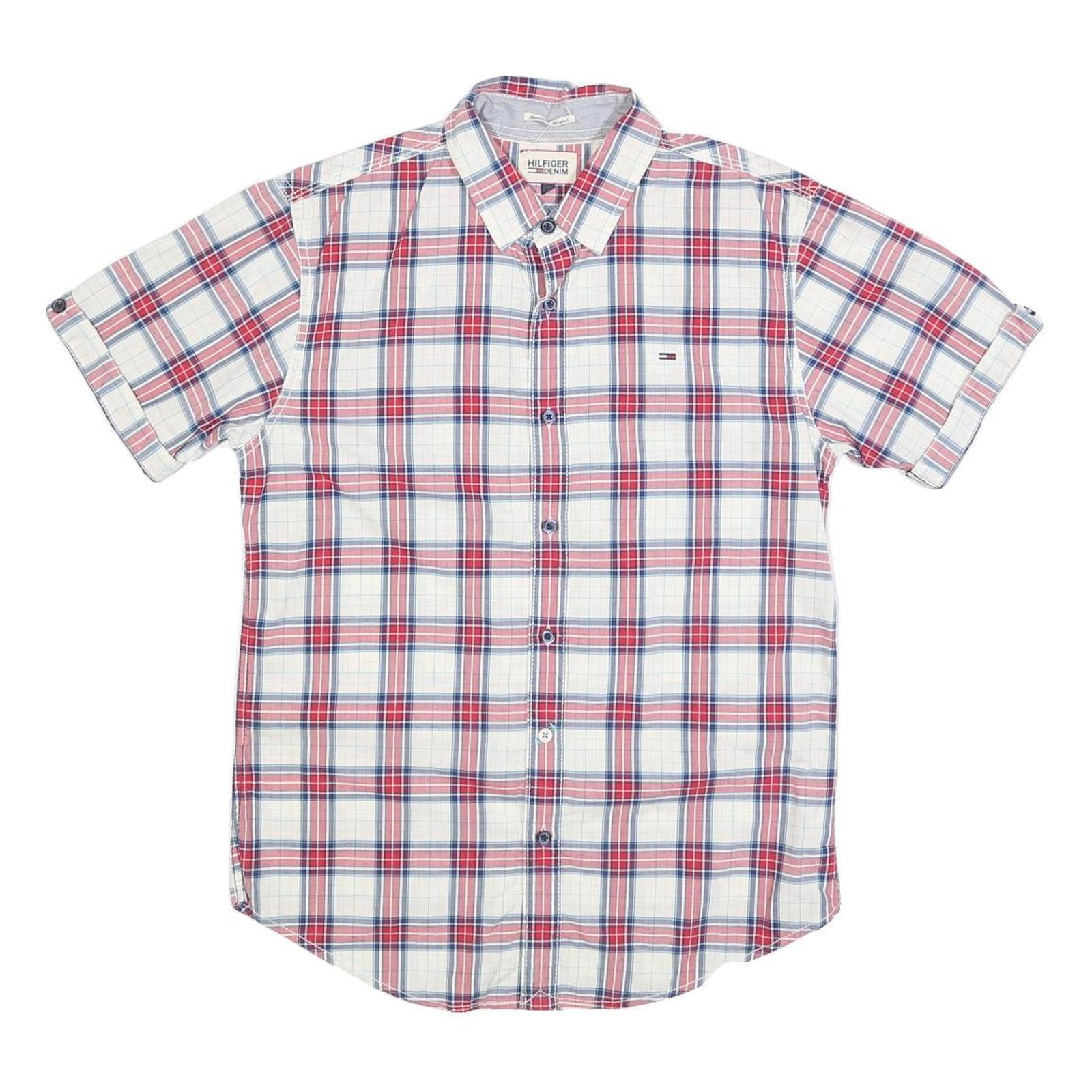 TOMMY HILFIGER Mens White & Red Checked Short Sleeve Shirt S Casual Cotton Blend