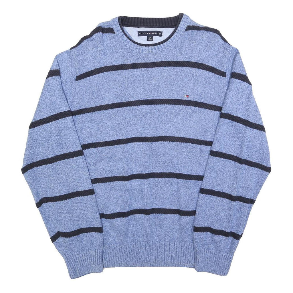 TOMMY HILFIGER Mens Blue & Black Patterned Jumper Crew Neck Basic Knit L Cotton