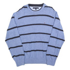 TOMMY HILFIGER Mens Blue & Black Patterned Jumper Crew Neck Basic Knit L Cotton