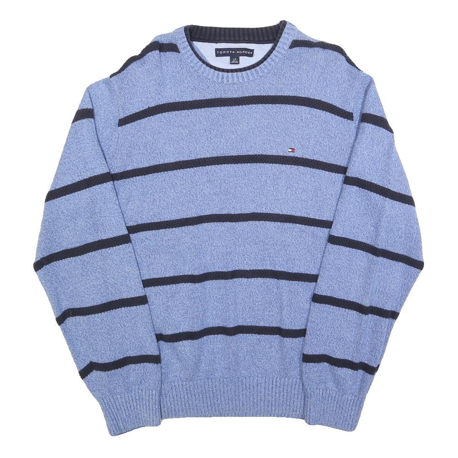 TOMMY HILFIGER Mens Blue & Black Patterned Jumper Crew Neck Basic Knit L Cotton