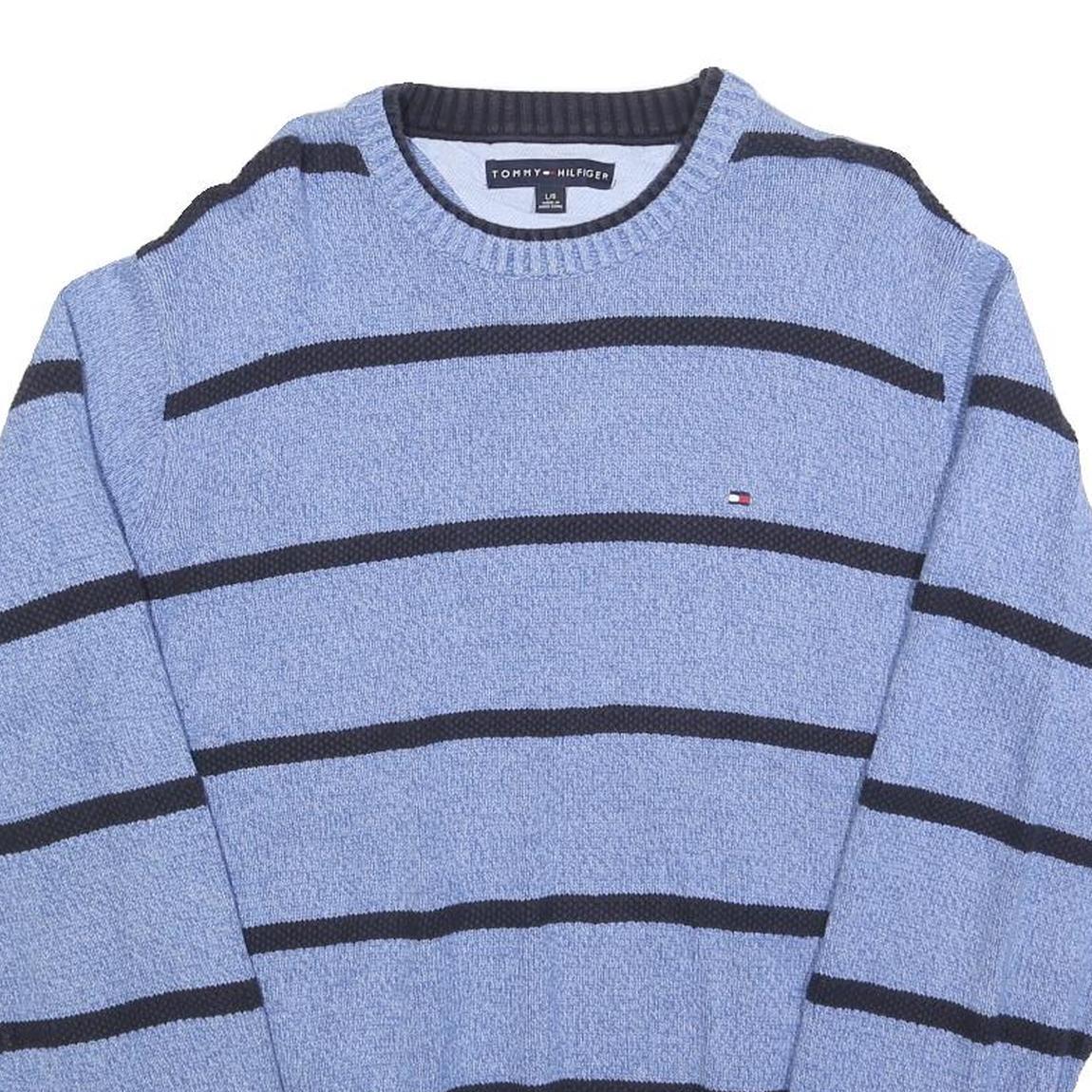 TOMMY HILFIGER Mens Blue & Black Patterned Jumper Crew Neck Basic Knit L Cotton