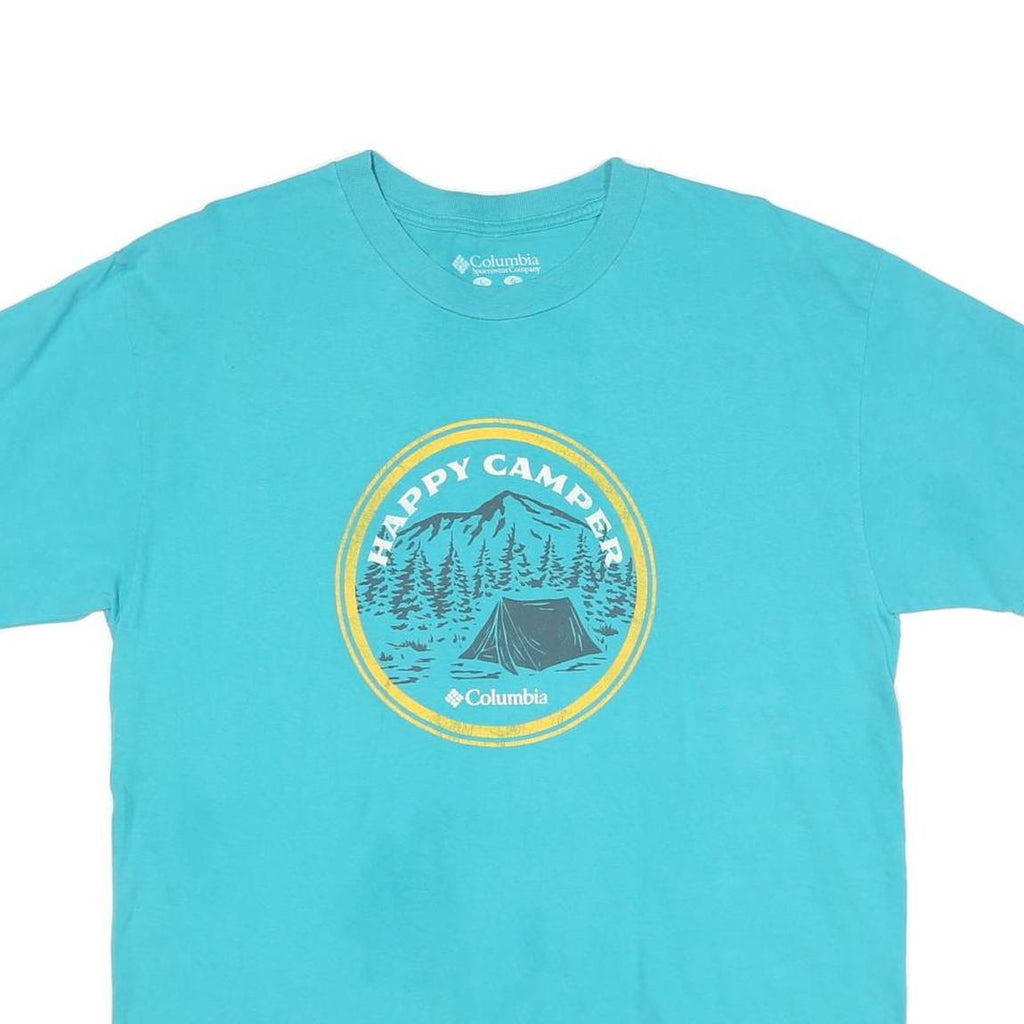 COLUMBIA Mens Blue Happy Camper Graphic T-Shirt L Short Sleeve Crew Neck Outdoor