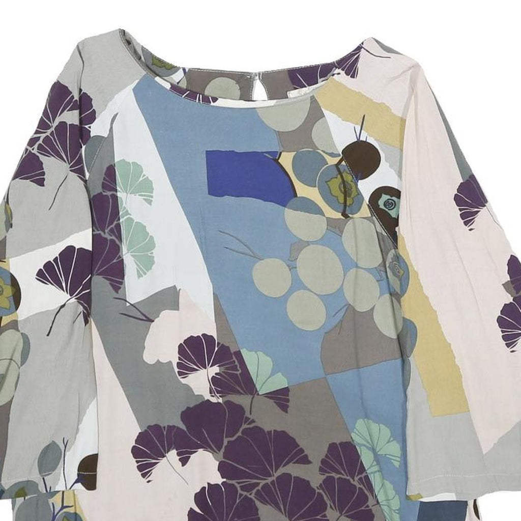 WHITE STUFF Womens Blue Grey And Purple Floral Print Blouse 3/4 Sleeve Round