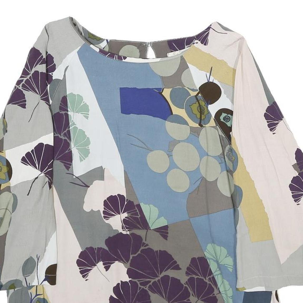 WHITE STUFF Womens Blue Grey And Purple Floral Print Blouse 3/4 Sleeve Round