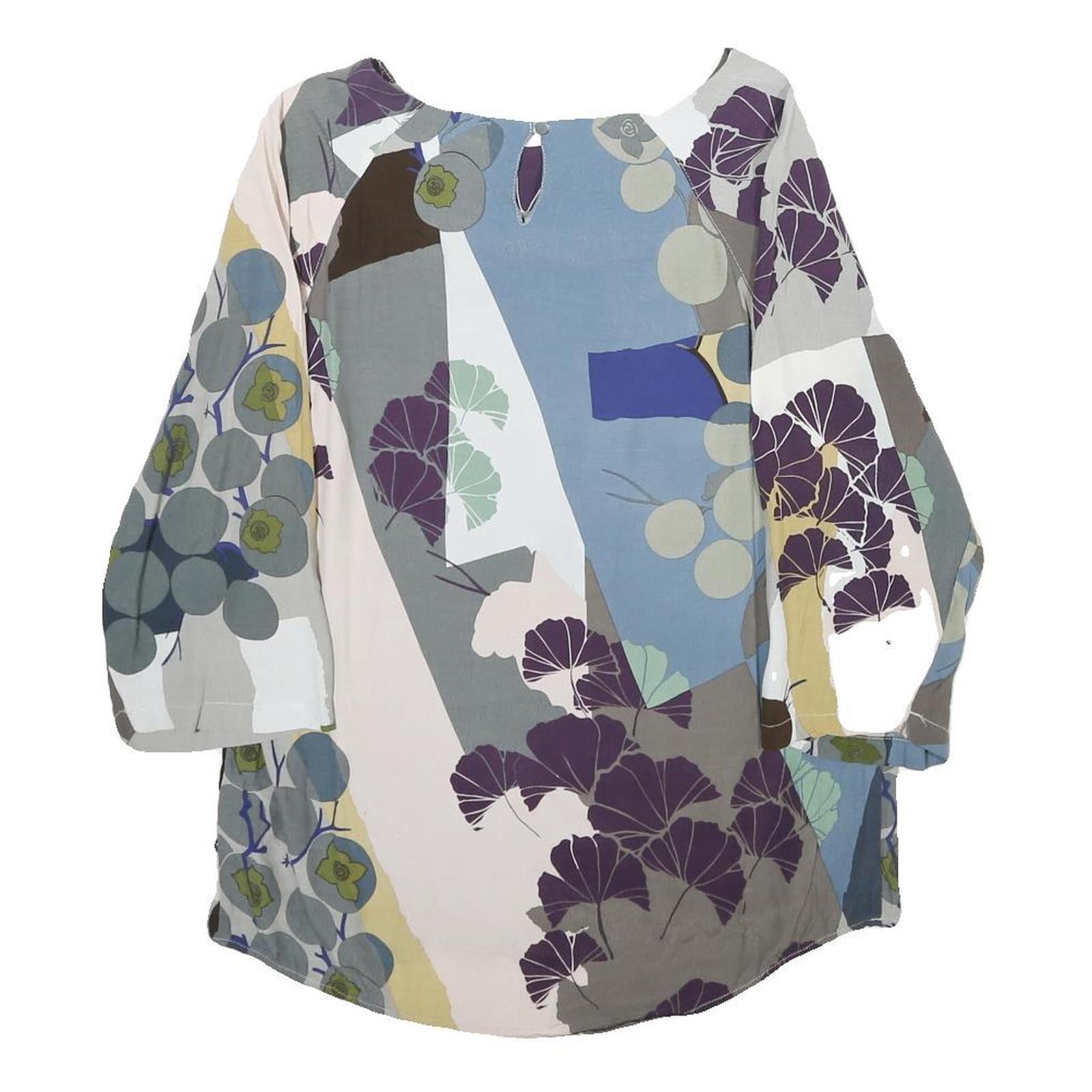 WHITE STUFF Womens Blue Grey And Purple Floral Print Blouse 3/4 Sleeve Round