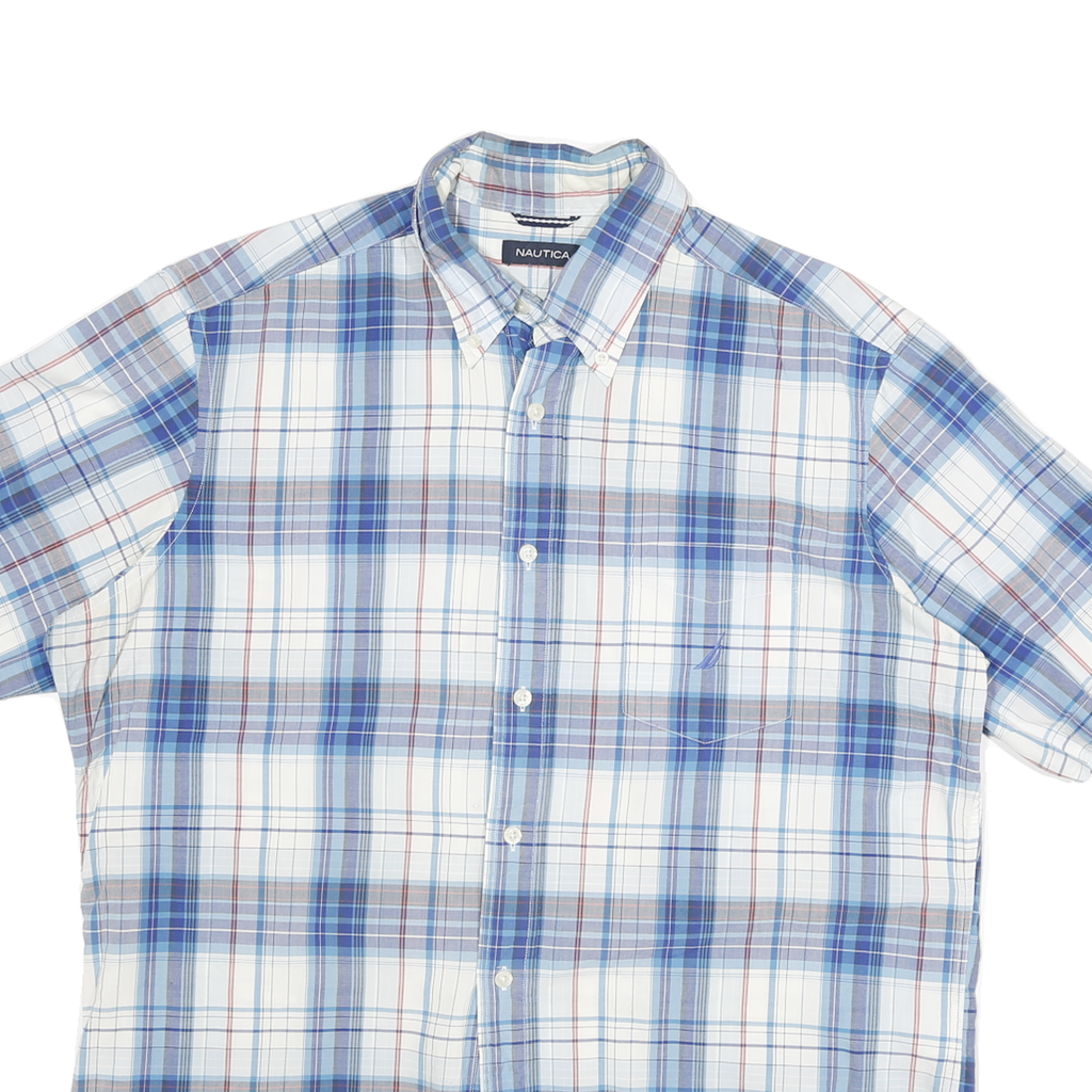 NAUTICA Mens Blue White Check Cotton Blend Shirt L Casual Short Sleeve Button