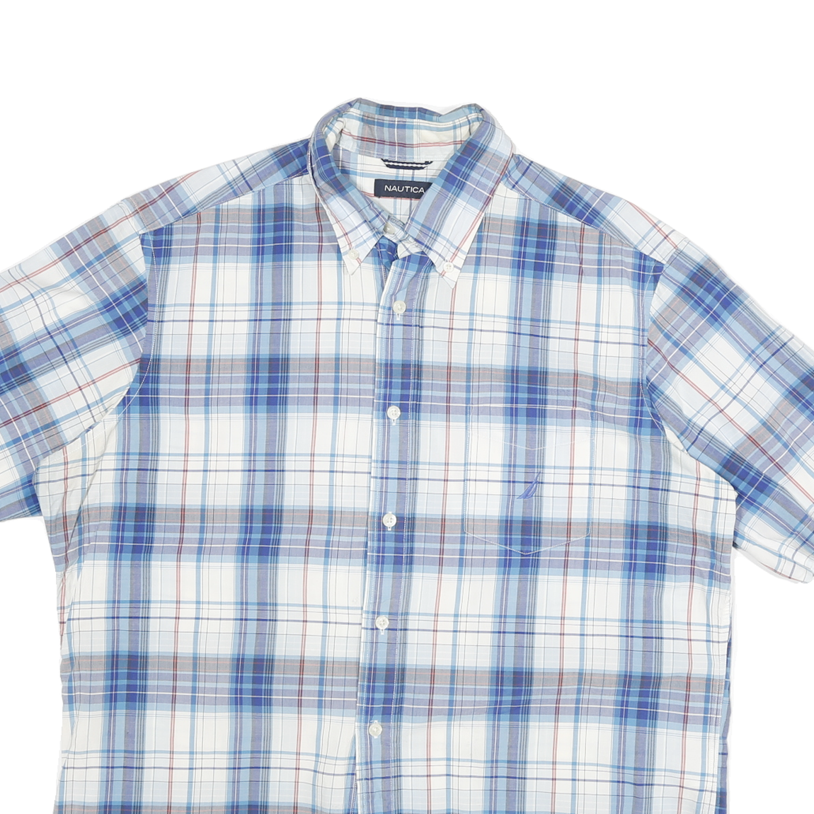 NAUTICA Mens Blue White Check Cotton Blend Shirt L Casual Short Sleeve Button