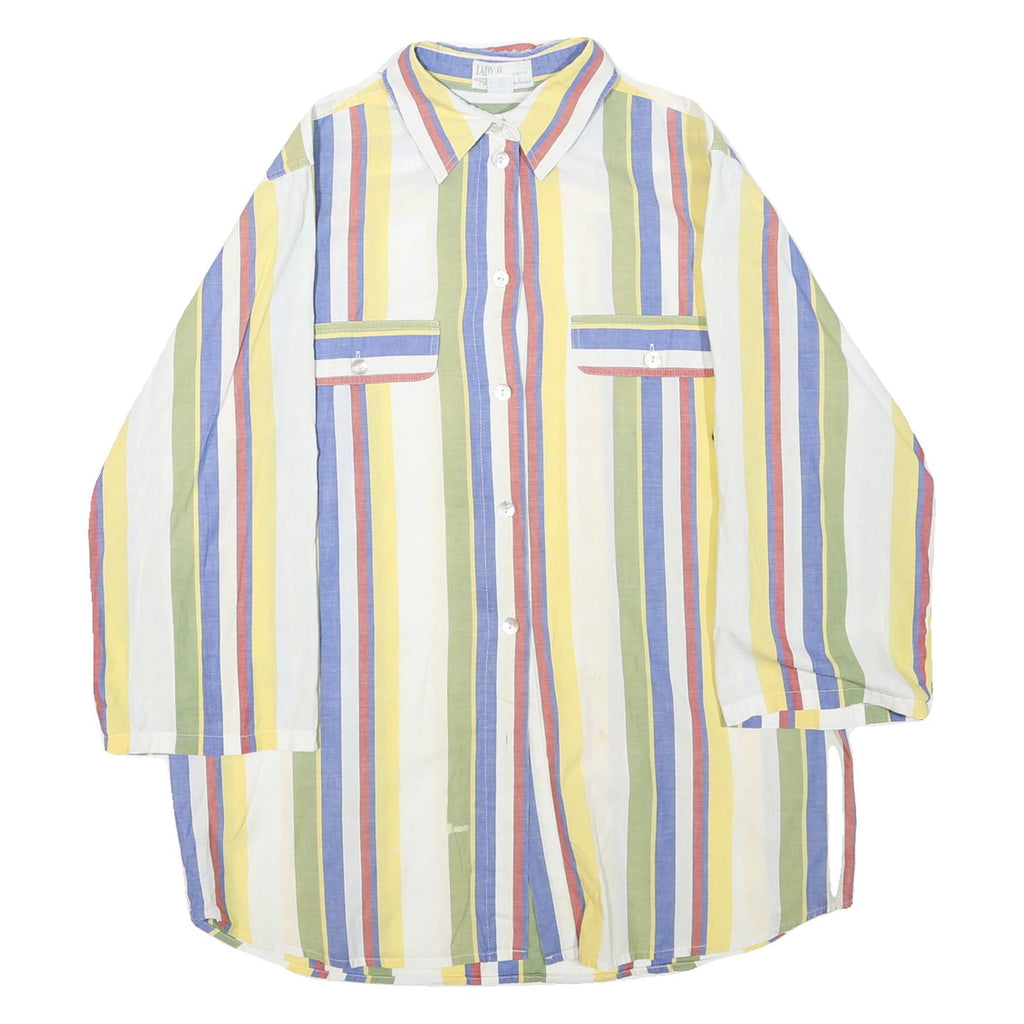 Womens White & Yellow Striped Cotton Blend Shirt L Casual Relaxed Fit Pocket