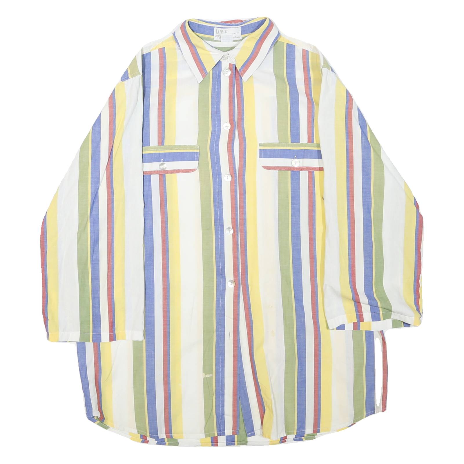 Womens White & Yellow Striped Cotton Blend Shirt L Casual Relaxed Fit Pocket