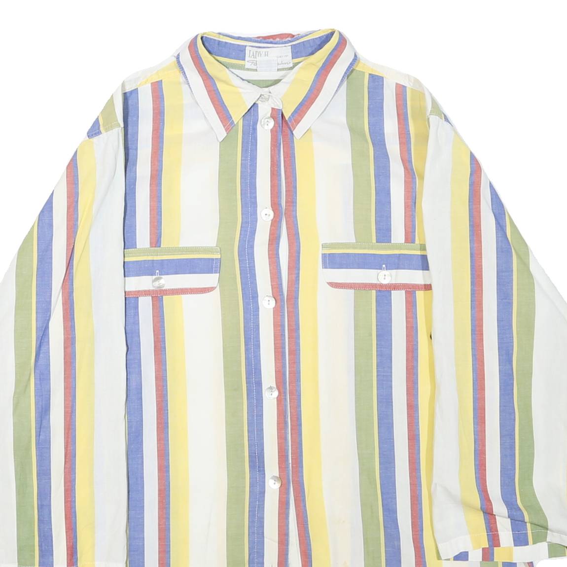 Womens White & Yellow Striped Cotton Blend Shirt L Casual Relaxed Fit Pocket