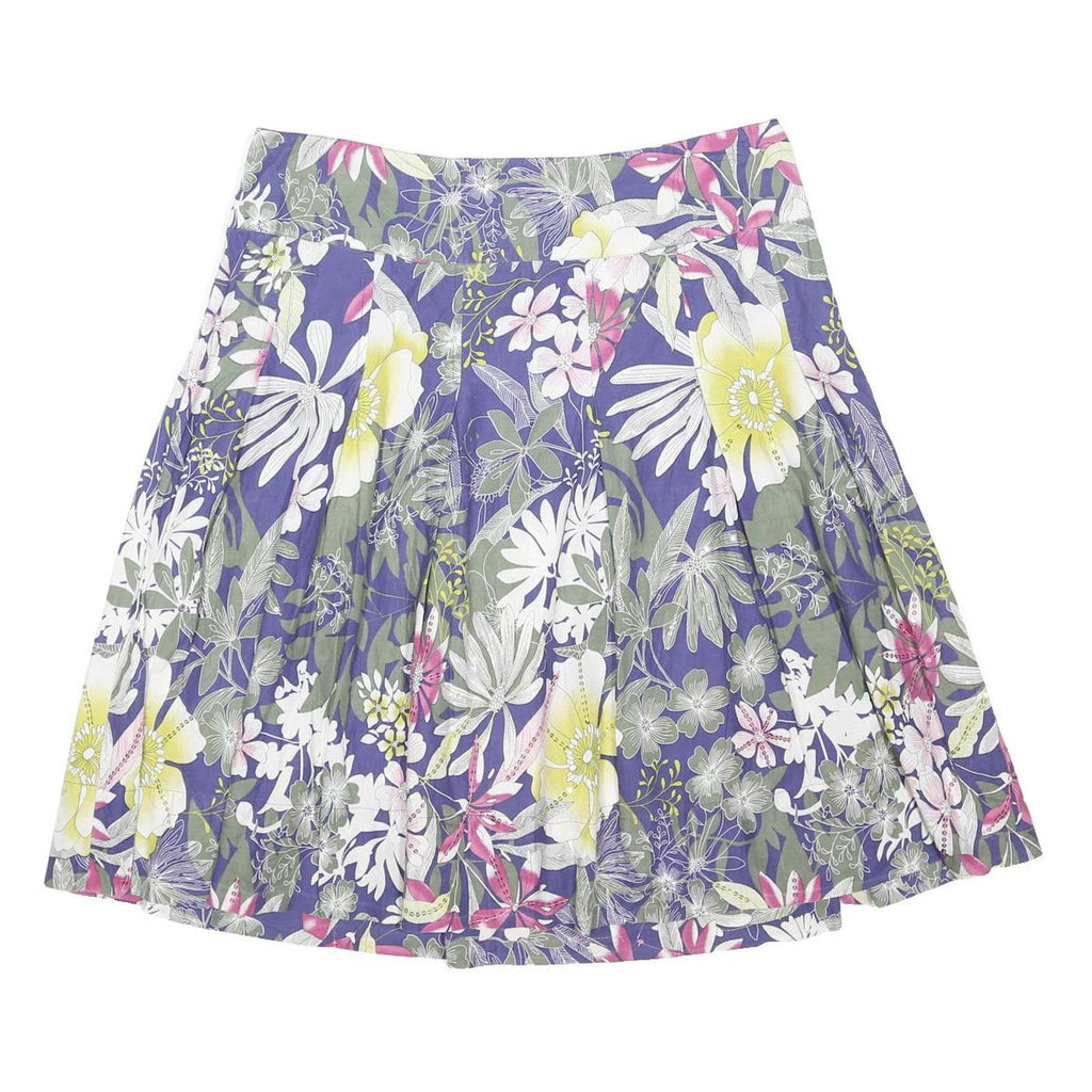DEBENHAMS Womens Purple Floral Pattern Pleated Short Cotton Blend Skirt UK 16