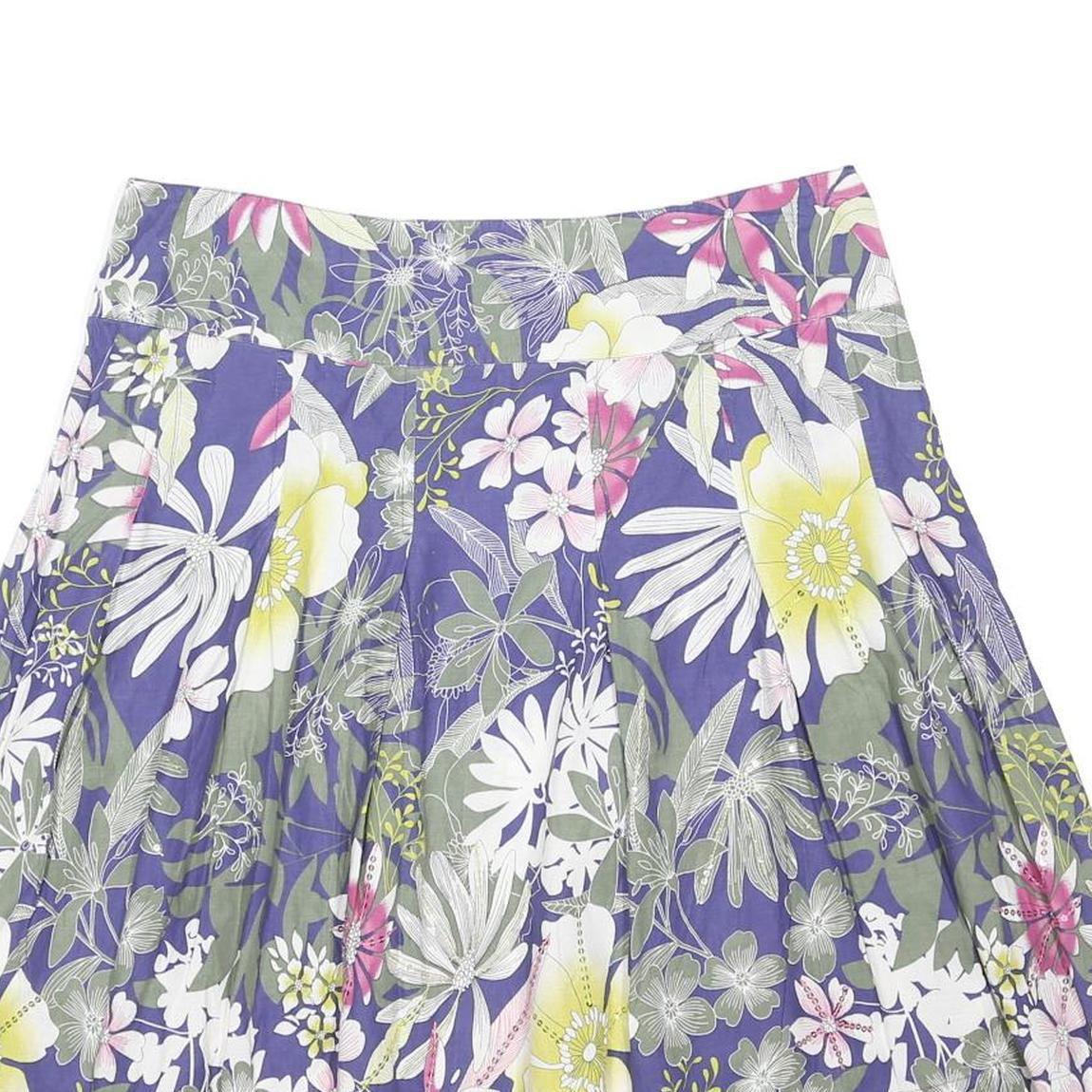 DEBENHAMS Womens Purple Floral Pattern Pleated Short Cotton Blend Skirt UK 16