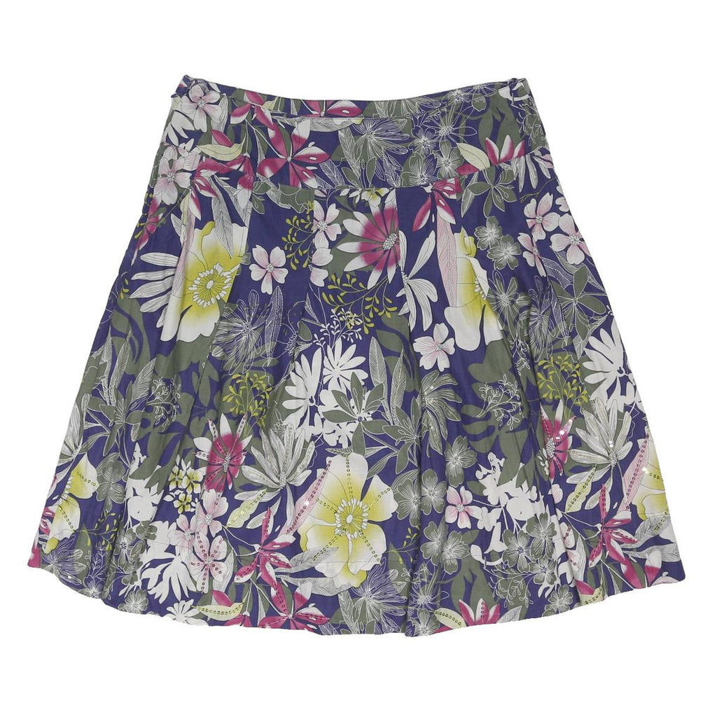 DEBENHAMS Womens Purple Floral Pattern Pleated Short Cotton Blend Skirt UK 16