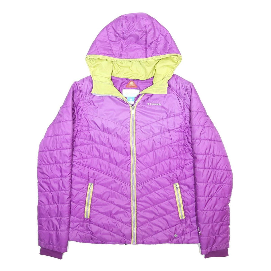 COLUMBIA Womens Purple & Lime Hooded Nylon Quilted Jacket L Lightweight Outdoor
