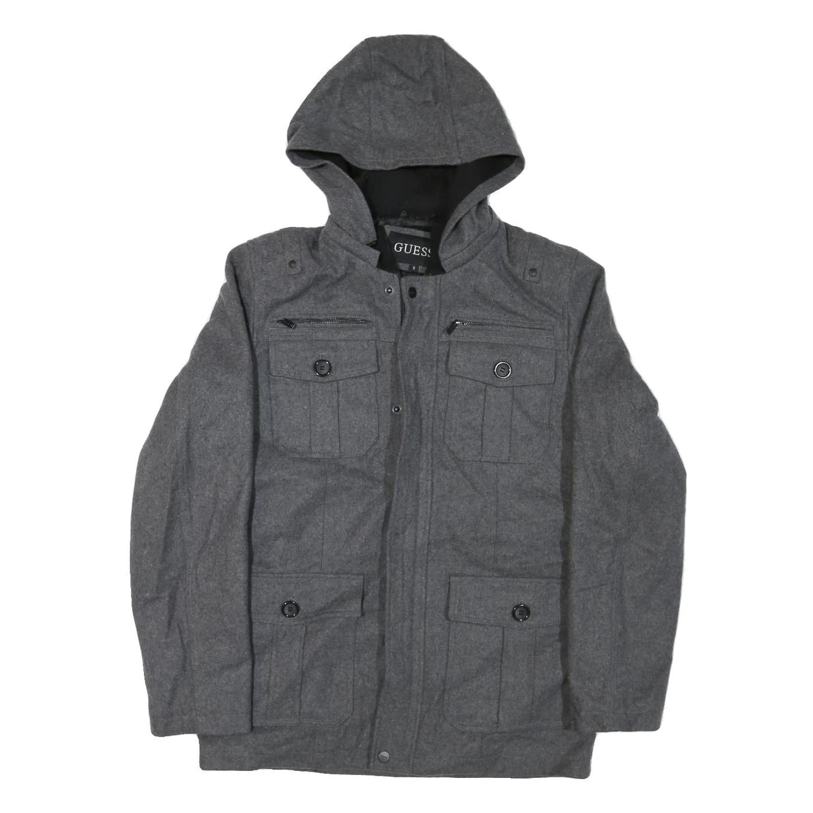 GUESS Mens Grey Hooded Jacket S Cotton Blend Zip Pocketed Casual Style