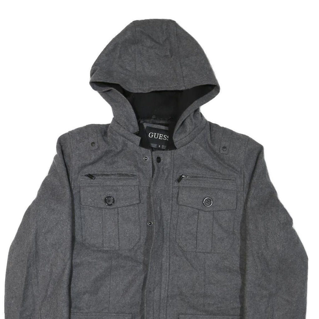 GUESS Mens Grey Hooded Jacket S Cotton Blend Zip Pocketed Casual Style