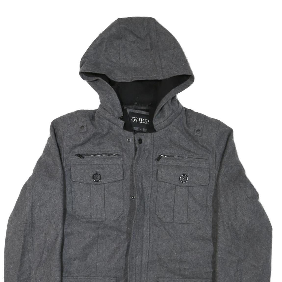 GUESS Mens Grey Hooded Jacket S Cotton Blend Zip Pocketed Casual Style