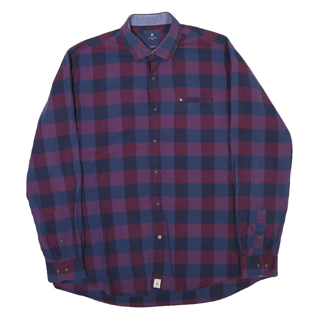PIERRE CARDIN Mens Blue & Maroon Check Shirt L Modern Fit Cotton