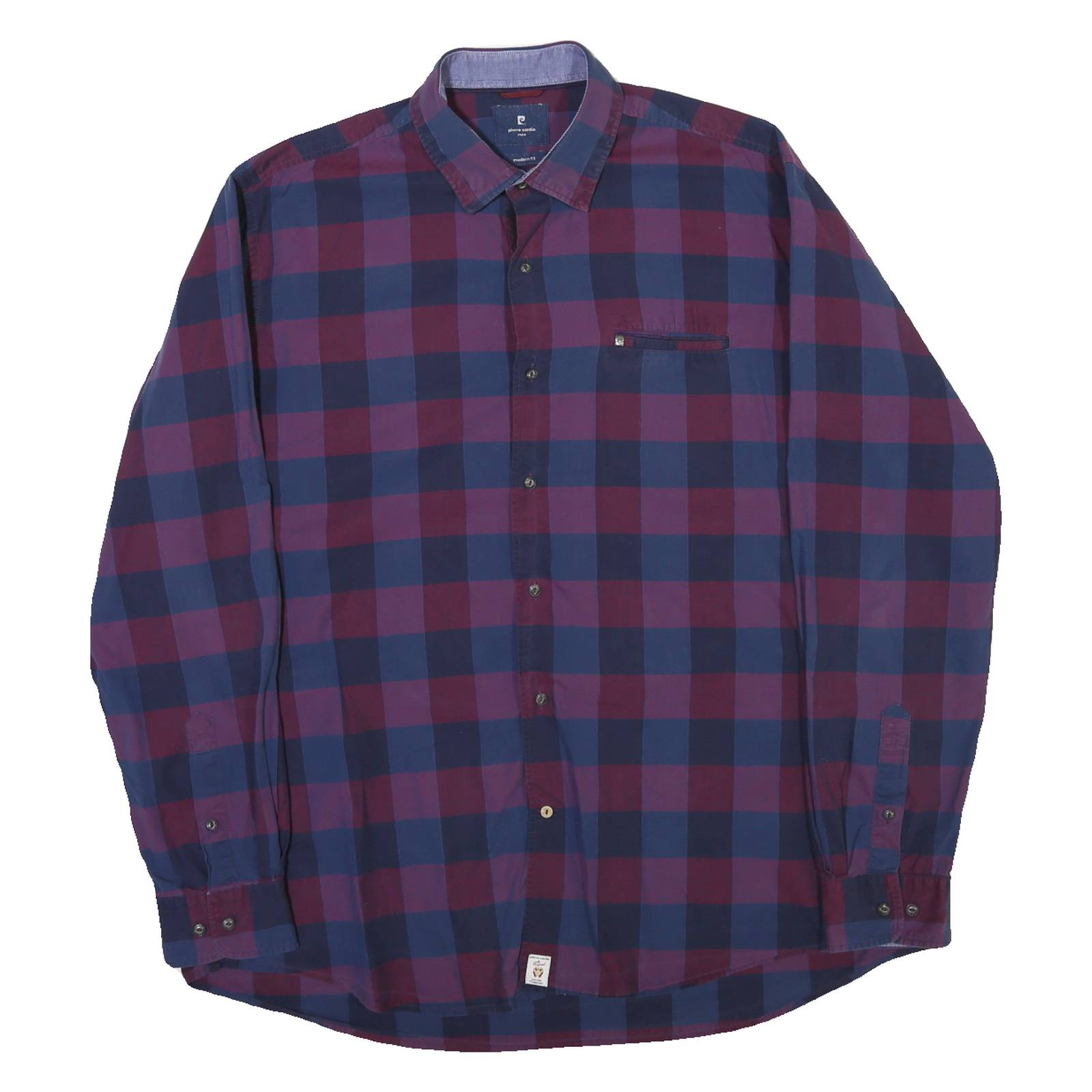 PIERRE CARDIN Mens Blue & Maroon Check Shirt L Modern Fit Cotton
