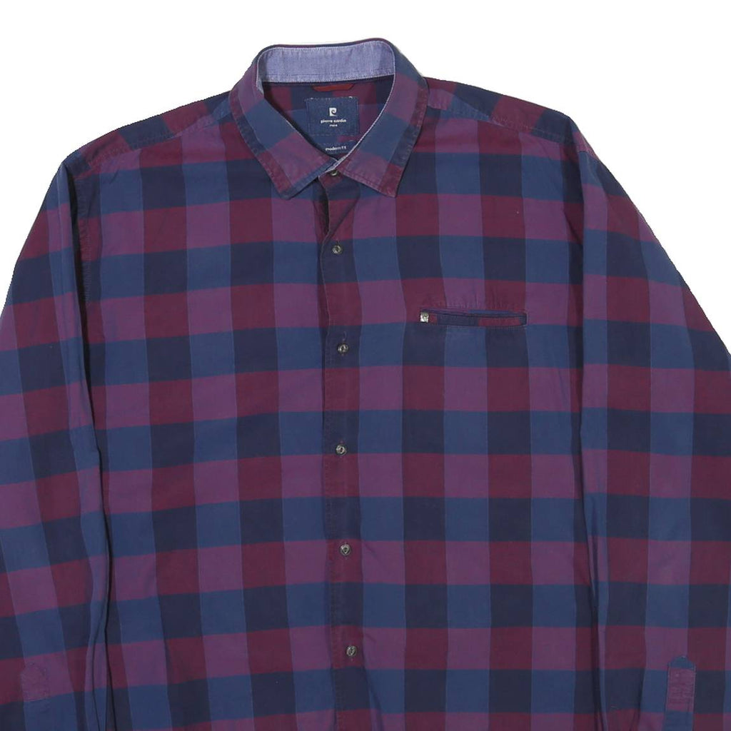 PIERRE CARDIN Mens Blue & Maroon Check Shirt L Modern Fit Cotton