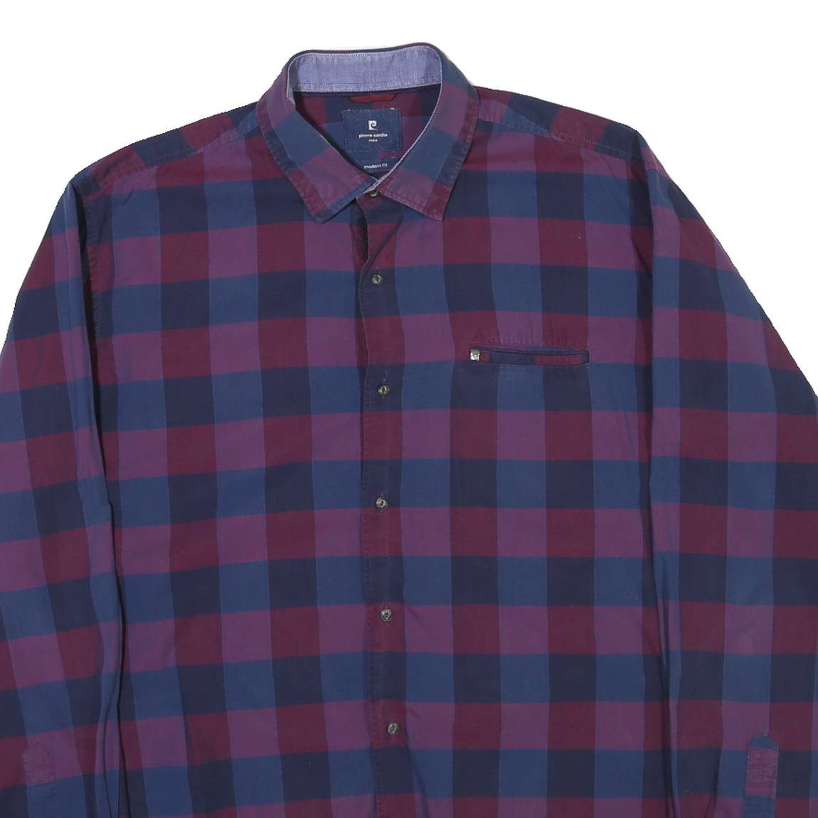 PIERRE CARDIN Mens Blue & Maroon Check Shirt L Modern Fit Cotton