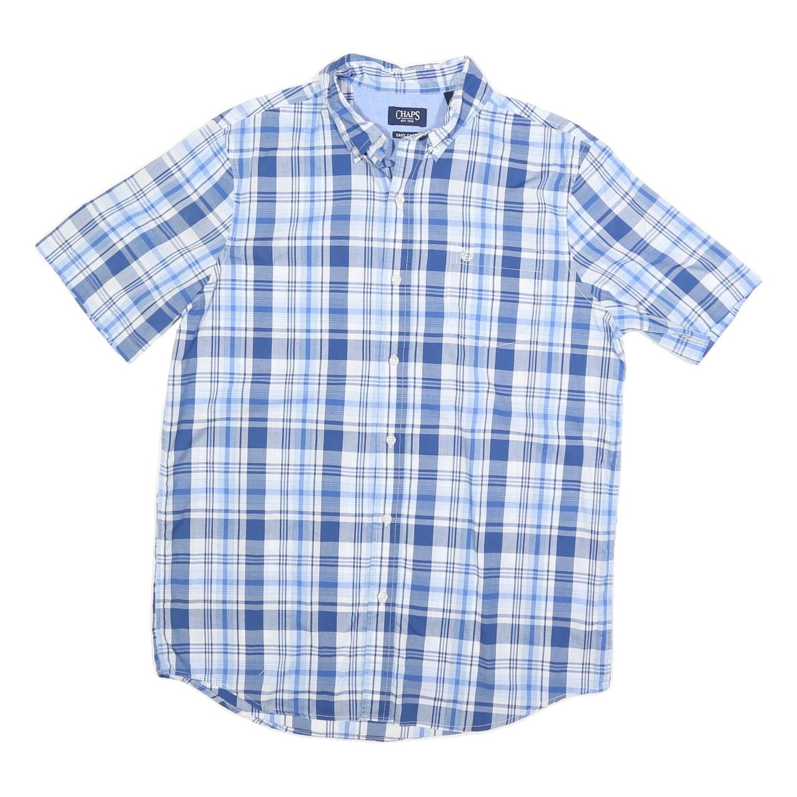 CHAPS Mens Blue & White Checked Button-Down Shirt M Cotton Blend Short Sleeve