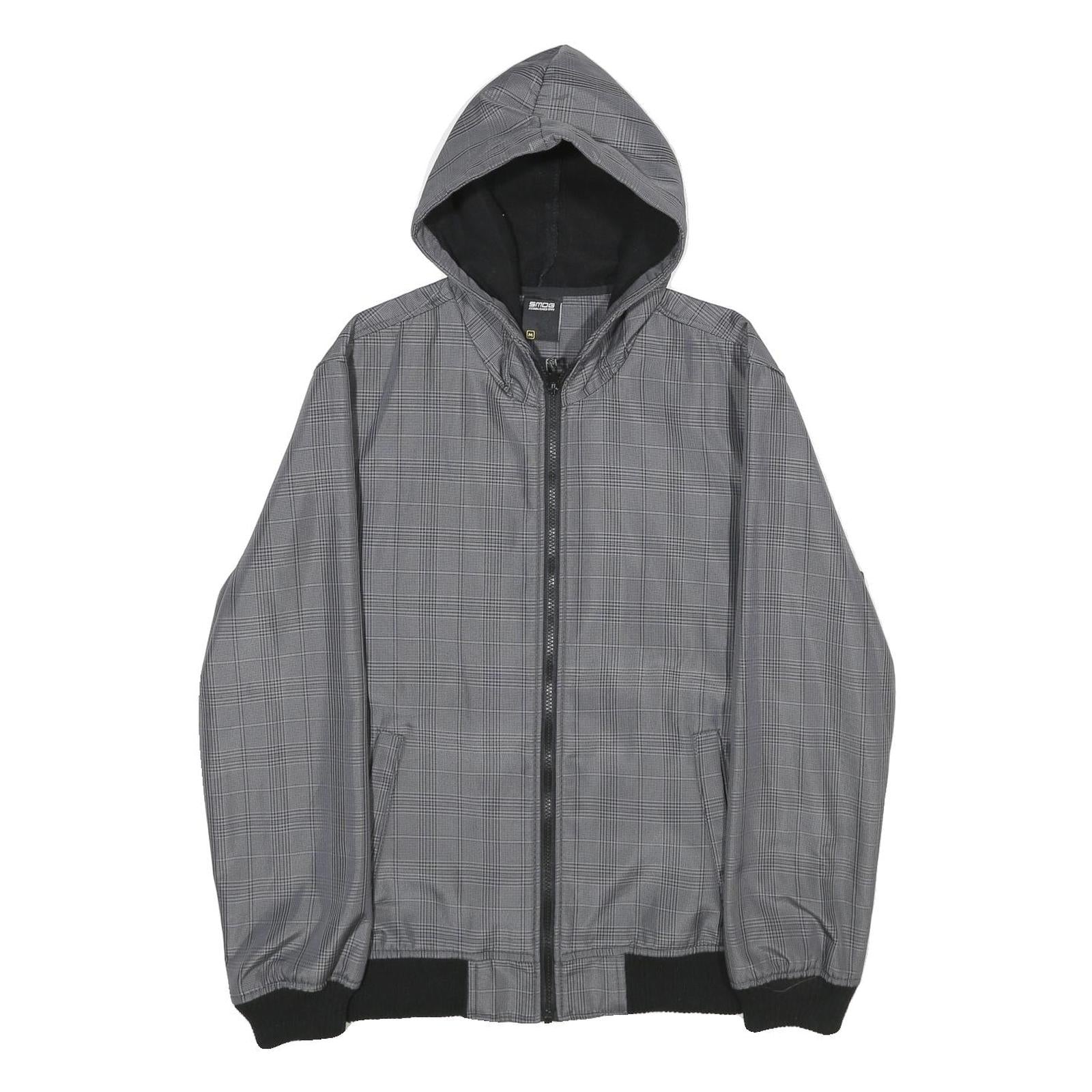 SMOG Mens Grey & Black Check Hooded Jacket M Polyester Zip Casual
