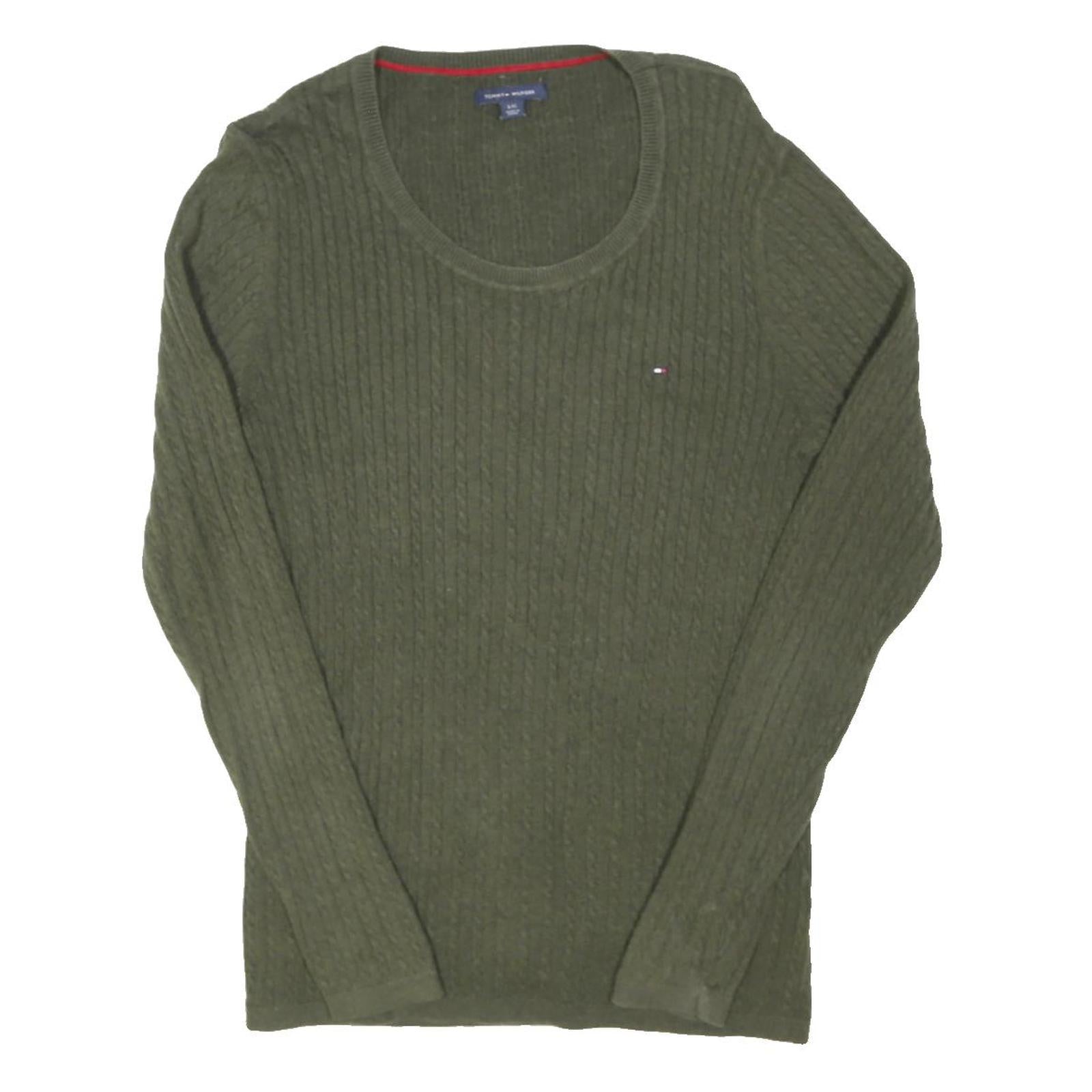 TOMMY HILFIGER Womens Green Cotton Blend Patterned Round Neck Basic Knit Jumper