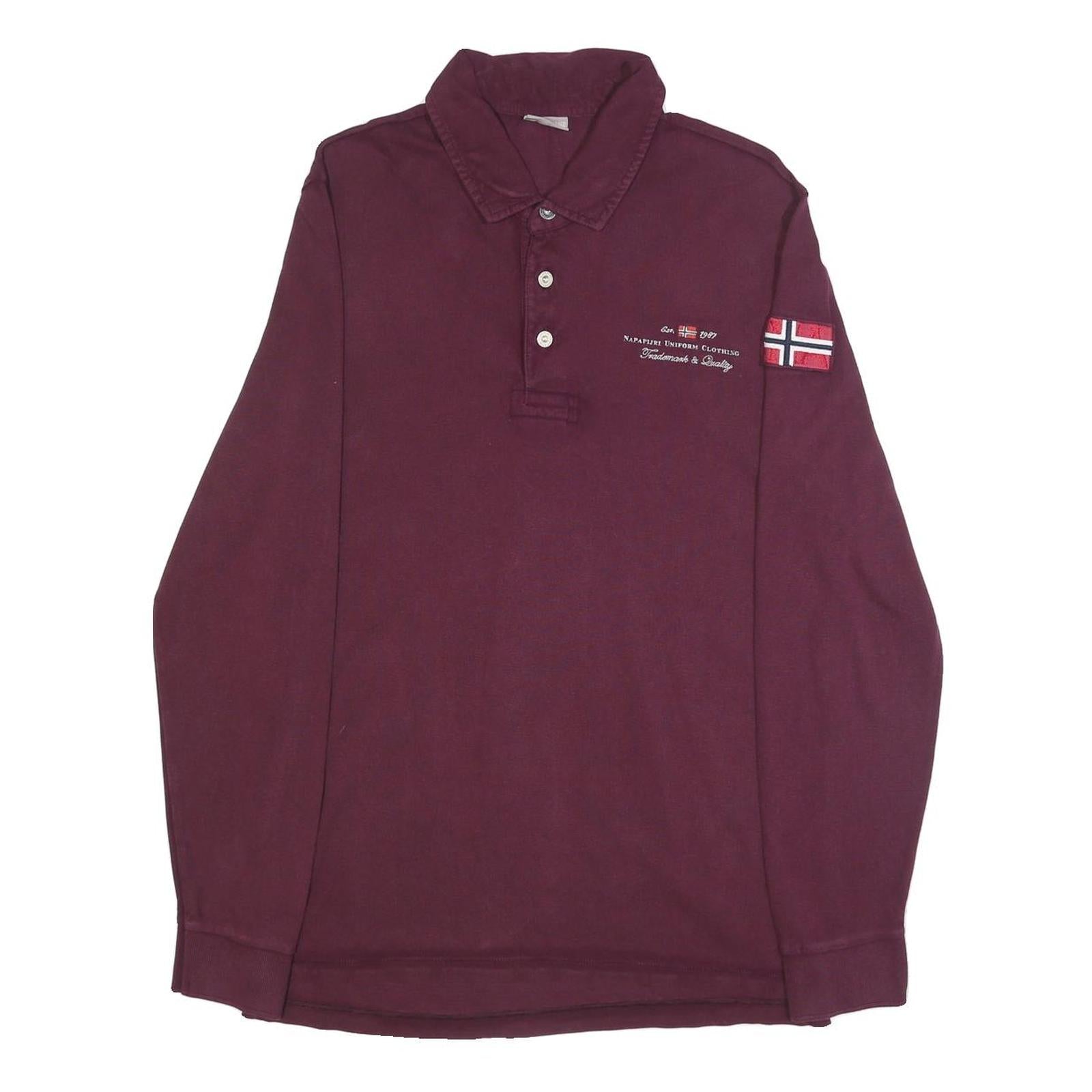 NAPAPIJRI Mens Maroon Long Sleeve Logo Embroidered Polo Shirt M Cotton Blend