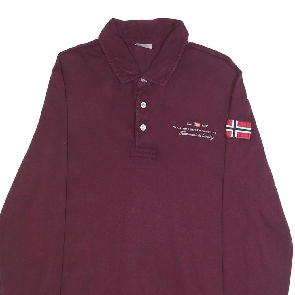 NAPAPIJRI Mens Maroon Long Sleeve Logo Embroidered Polo Shirt M Cotton Blend