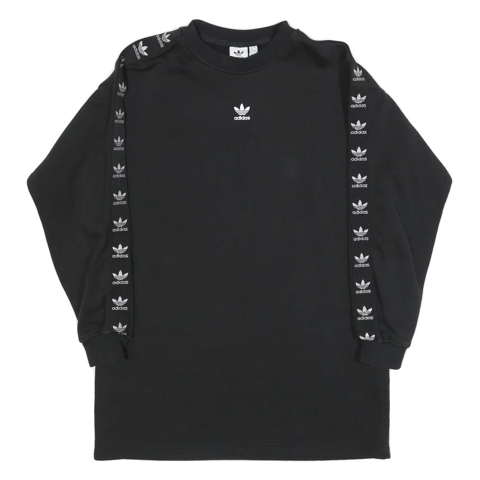 ADIDAS Womens Black Cotton Crew Neck Sweatshirt UK 8 Logo Taped Sleeves