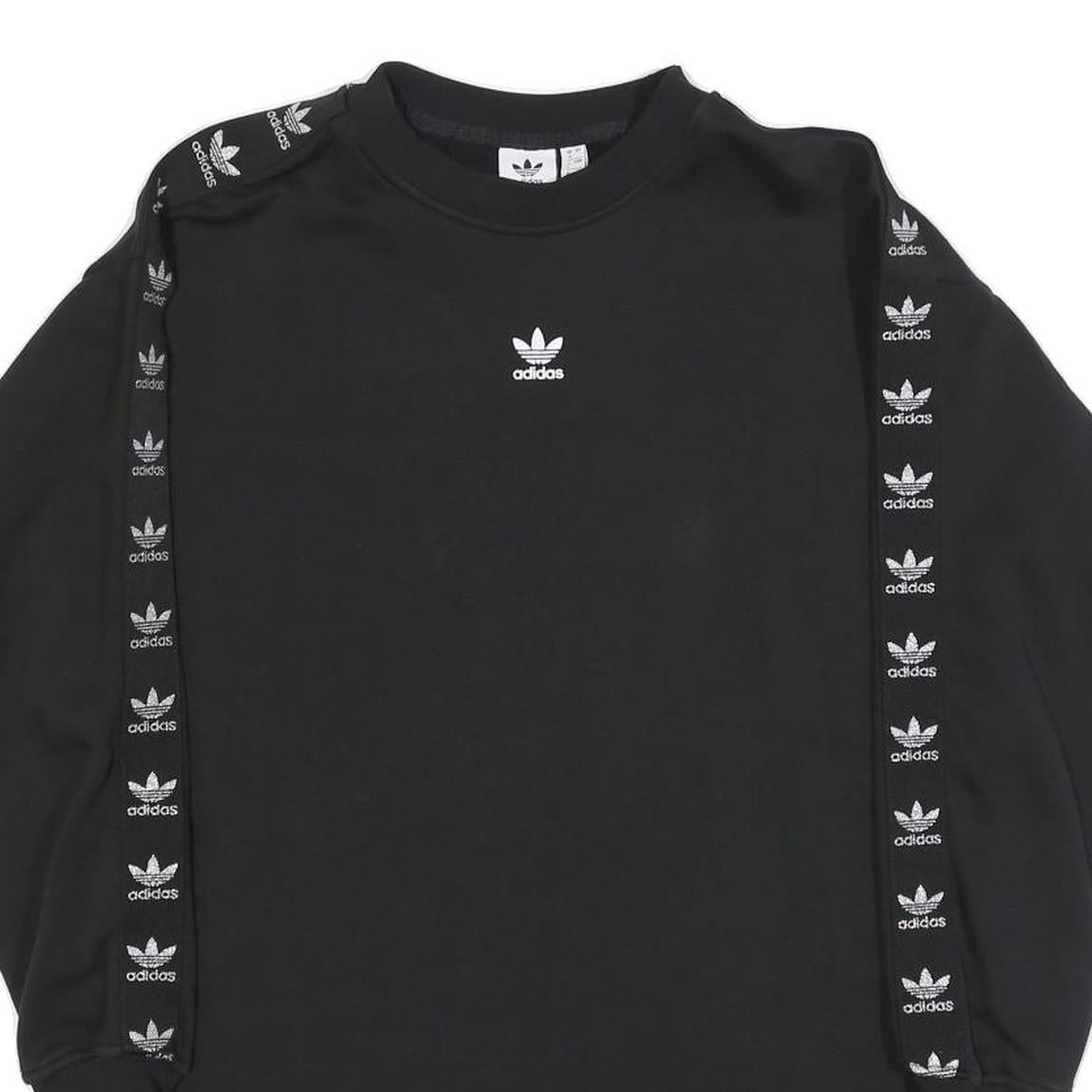 ADIDAS Womens Black Cotton Crew Neck Sweatshirt UK 8 Logo Taped Sleeves