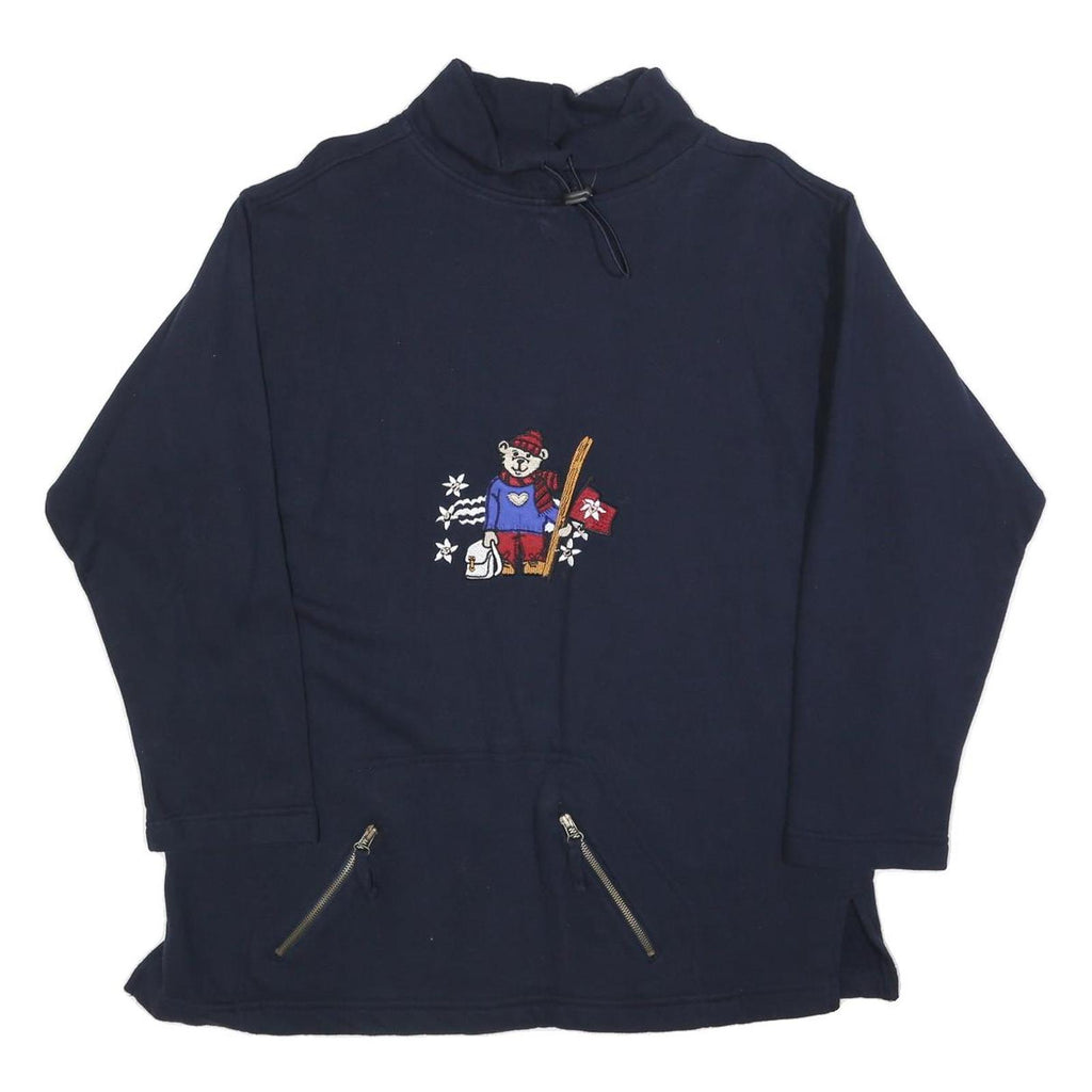 DEVILLE Womens Navy Blue Sweatshirt XL Embroidered Bear Zipper Pockets Pullover