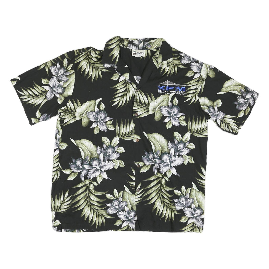 ALPHA REPUBLIC Mens Black Green Floral Print Hawaiian Shirt L Cotton Blend