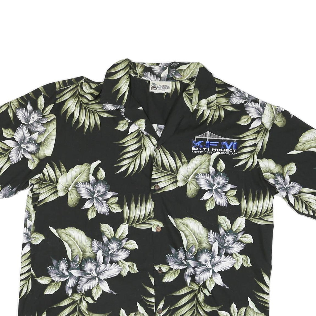 ALPHA REPUBLIC Mens Black Green Floral Print Hawaiian Shirt L Cotton Blend