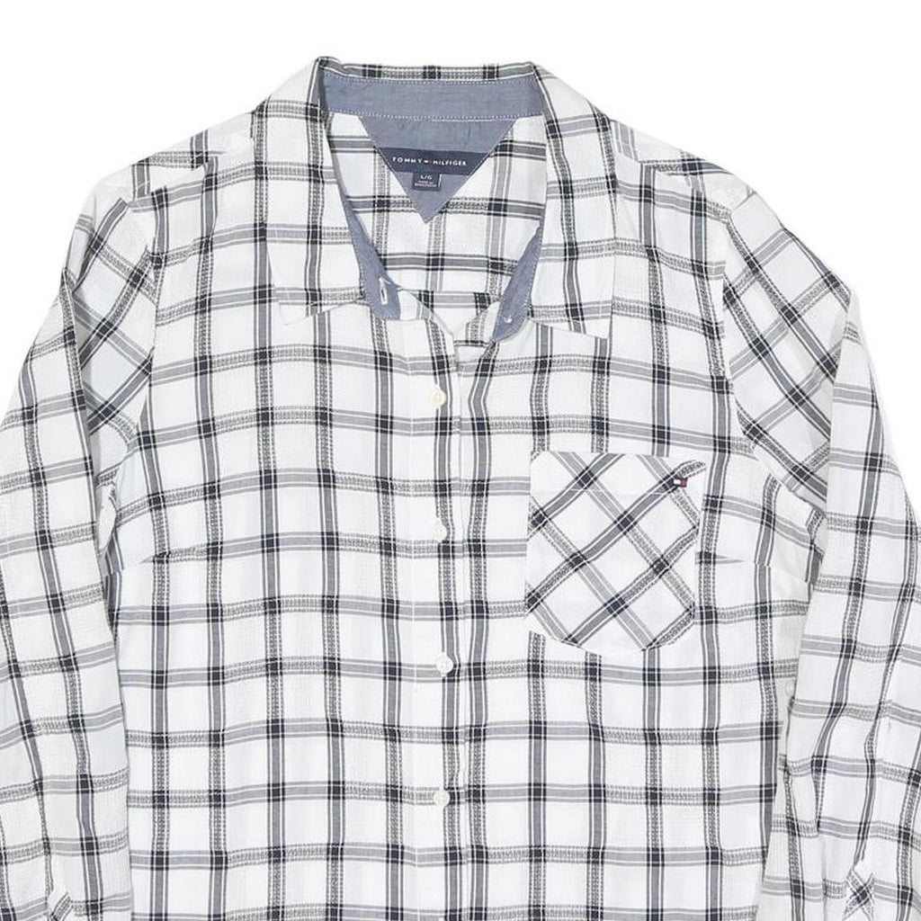 TOMMY HILFIGER Womens White & Black Check Shirt L Casual Cotton Blend Long