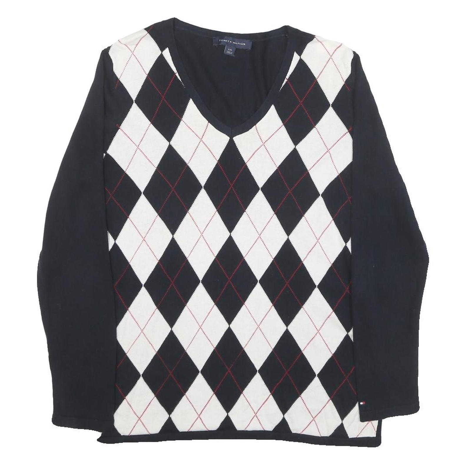 TOMMY HILFIGER Mens Navy & White Argyle Pattern V-Neck Cotton Blend Jumper L