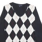 TOMMY HILFIGER Mens Navy & White Argyle Pattern V-Neck Cotton Blend Jumper L