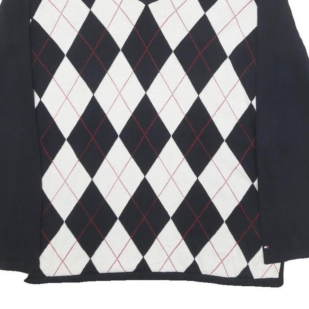 TOMMY HILFIGER Mens Navy & White Argyle Pattern V-Neck Cotton Blend Jumper L