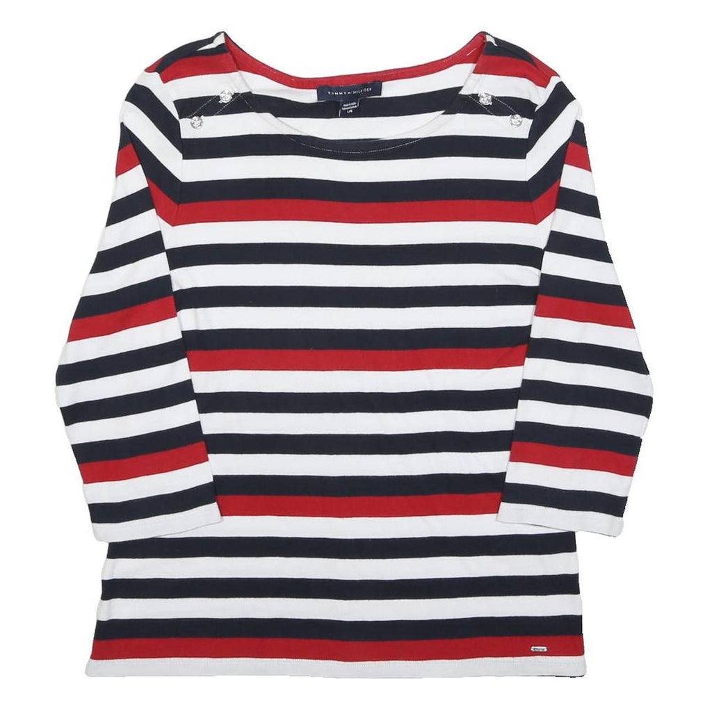 TOMMY HILFIGER Womens Red & Navy Striped Basic Top Long Sleeve Boat Neck L