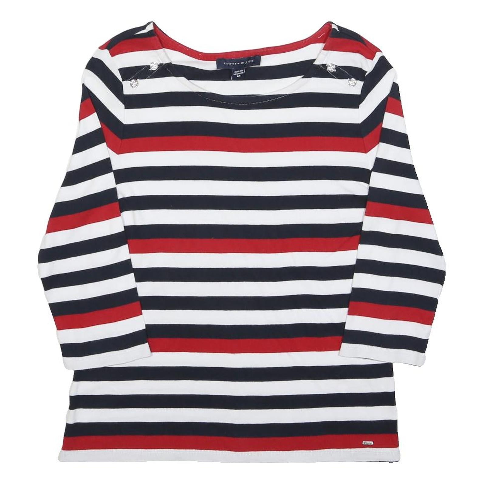 TOMMY HILFIGER Womens Red & Navy Striped Basic Top Long Sleeve Boat Neck L