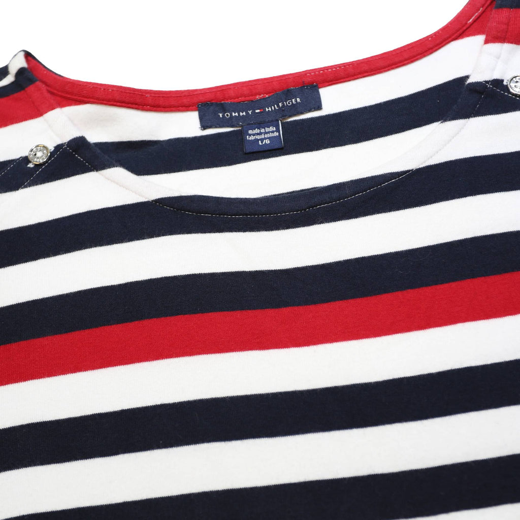 TOMMY HILFIGER Womens Red & Navy Striped Basic Top Long Sleeve Boat Neck L