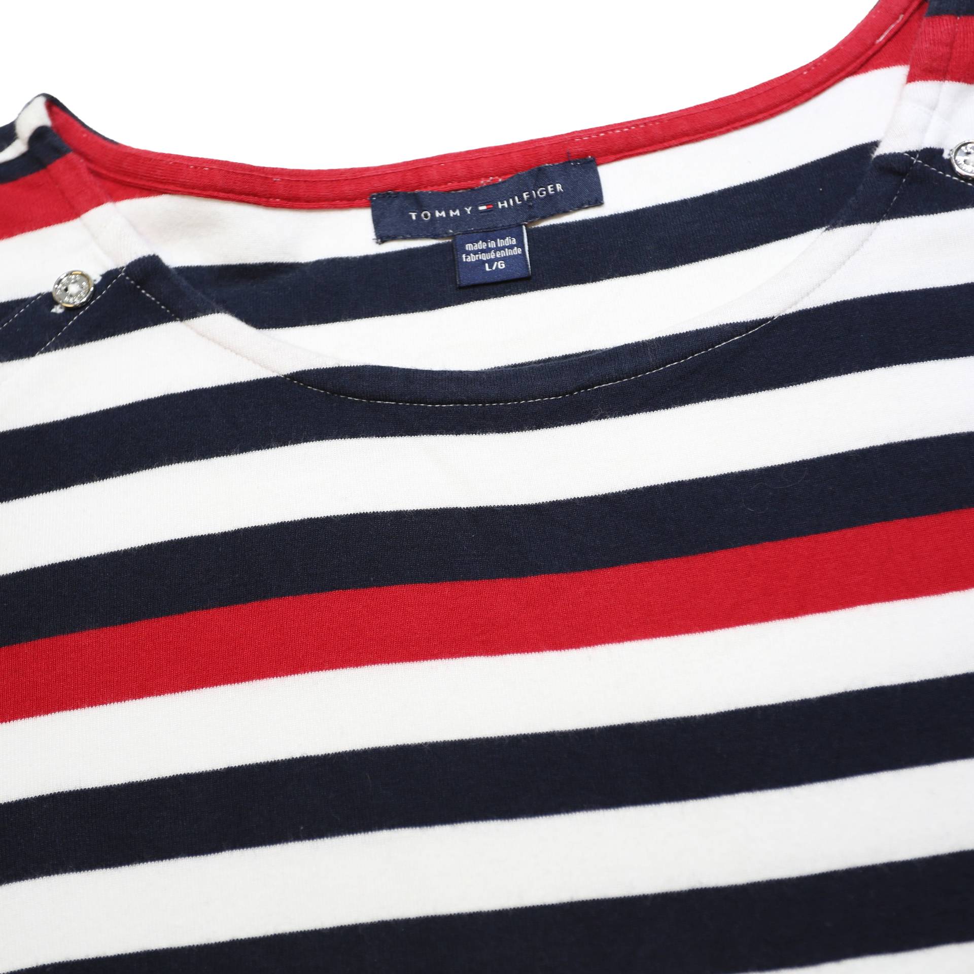 TOMMY HILFIGER Womens Red & Navy Striped Basic Top Long Sleeve Boat Neck L