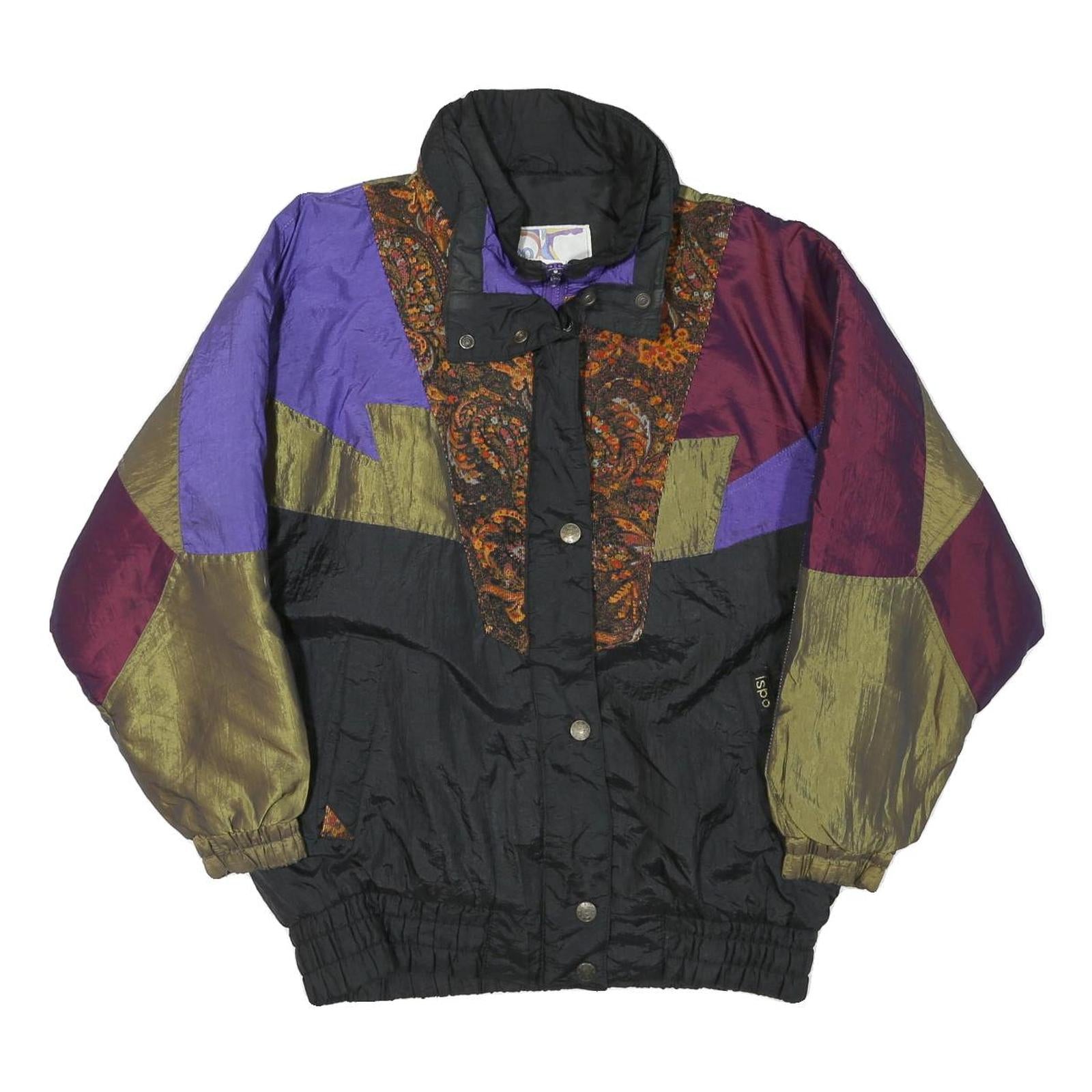 ISPO Womens Black & Purple Paisley Panel Zip Jacket L Polyester Blend Vintage