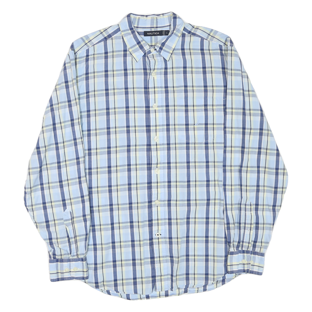 NAUTICA Mens Blue & White Checked Shirt L Classic Button Down Cotton Blend