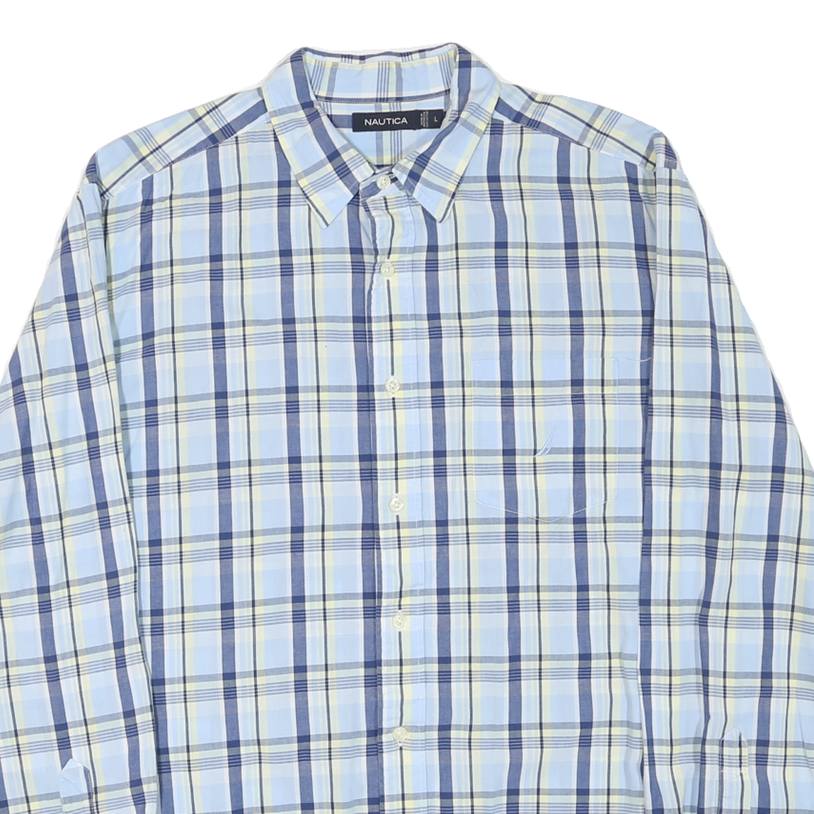 NAUTICA Mens Blue & White Checked Shirt L Classic Button Down Cotton Blend