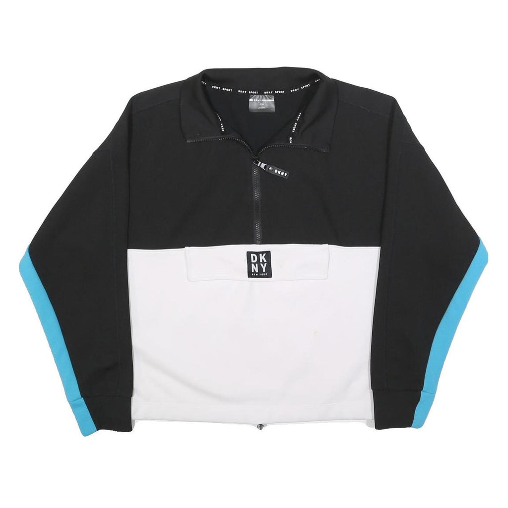 DKNY Womens Black & White Blue Sleeve Logo 1/4 Zip M Sweatshirt Sporty Pullover