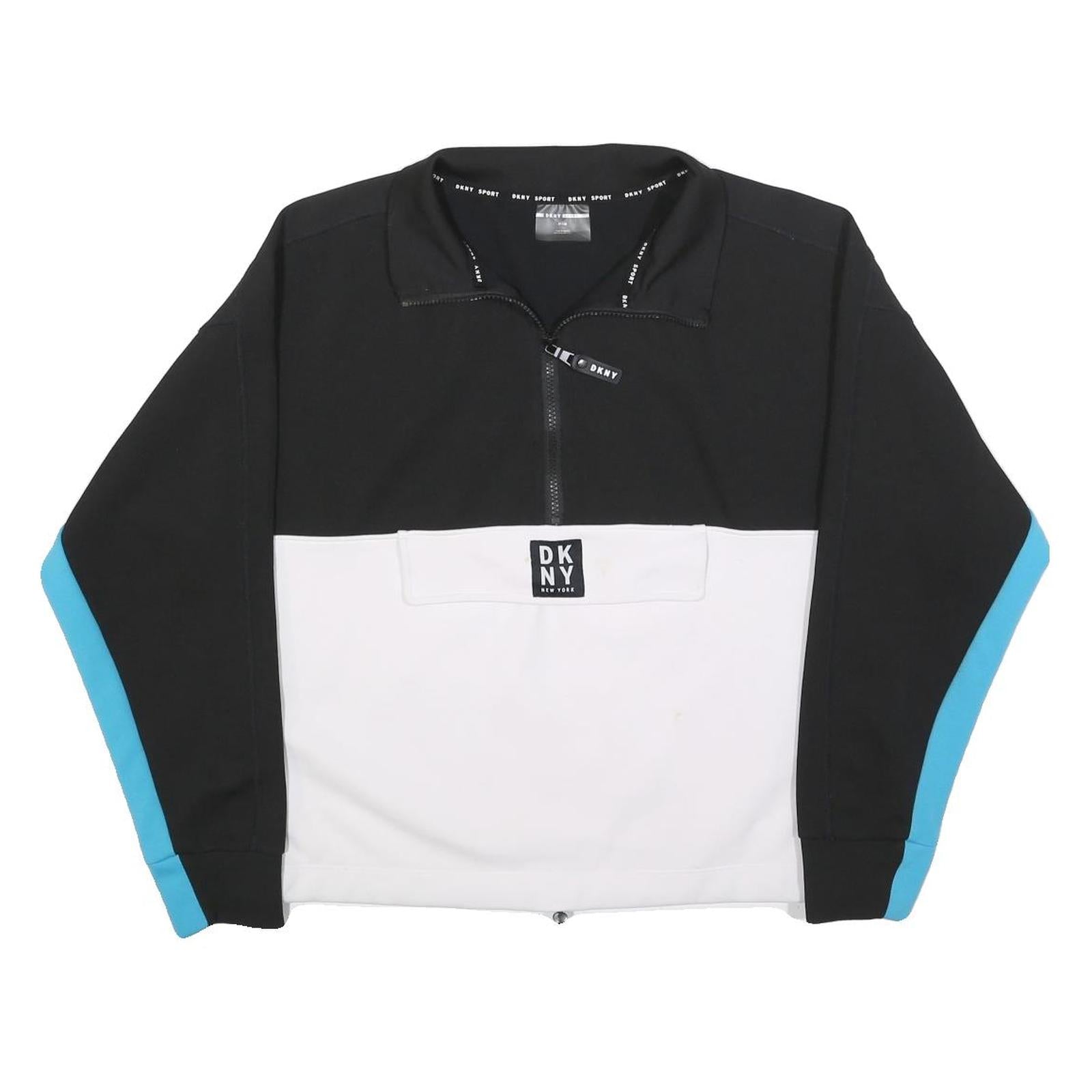 DKNY Womens Black & White Blue Sleeve Logo 1/4 Zip M Sweatshirt Sporty Pullover