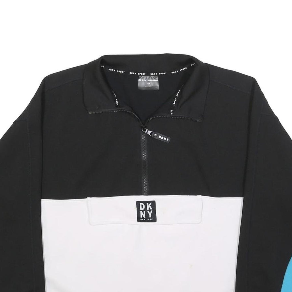 DKNY Womens Black & White Blue Sleeve Logo 1/4 Zip M Sweatshirt Sporty Pullover